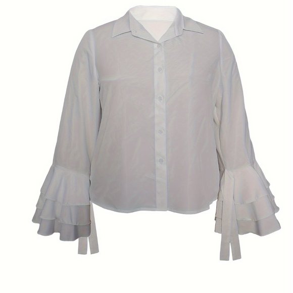 Elegant Layered Ruffle Sleeve Button Up Turn Down Collar Blouse - Picture 8 of 9